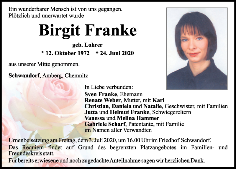  Traueranzeige für Birgit Franke vom 29.06.2020 aus Mittelbayerische Zeitung Schwandorf