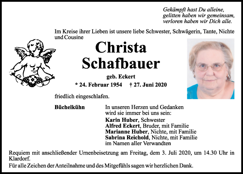  Traueranzeige für Christa Schafbauer vom 30.06.2020 aus Mittelbayerische Zeitung Schwandorf