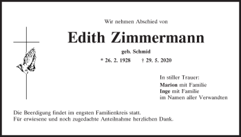 Traueranzeige von Edith Zimmermann von Mittelbayerische Zeitung Schwandorf