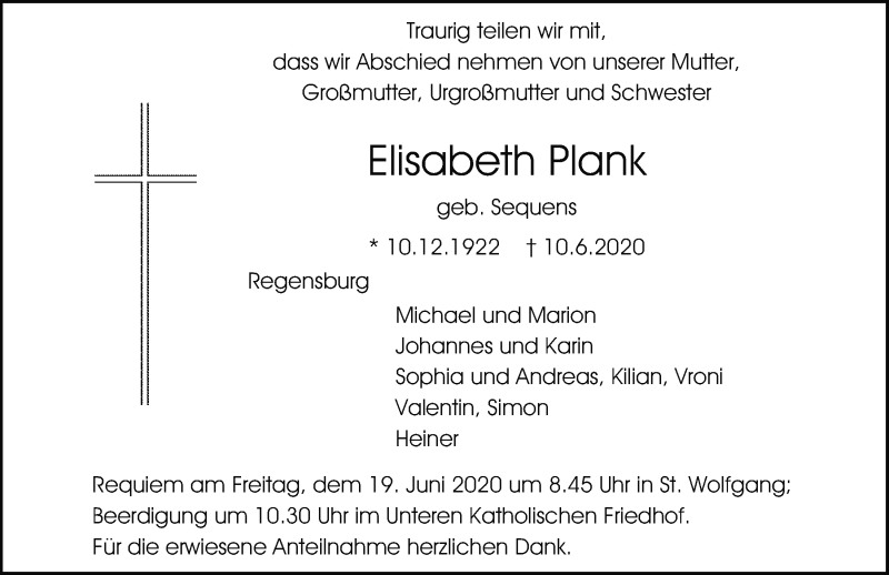  Traueranzeige für Elisabeth Plank vom 17.06.2020 aus Mittelbayerische Zeitung Regensburg