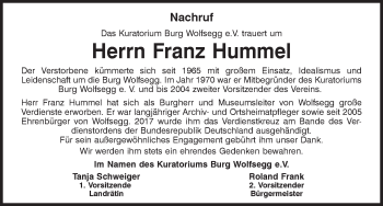 Traueranzeige von Franz Hummel von Mittelbayerische Zeitung Regensburg