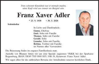 Traueranzeige von Franz Xaver Adler von Mittelbayerische Zeitung Regensburg