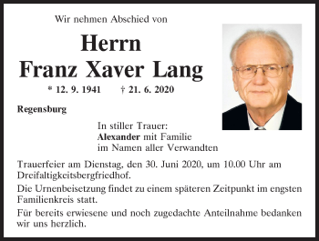Traueranzeige von Franz Xaver Lang von Mittelbayerische Zeitung Regensburg