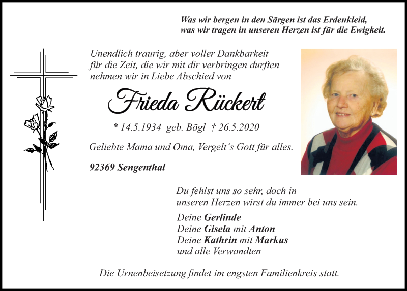  Traueranzeige für Frieda Rückert vom 06.06.2020 aus Neumarkter Tagblatt