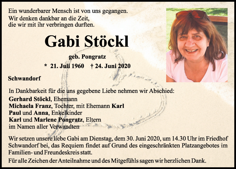  Traueranzeige für Gabi Stöckl vom 27.06.2020 aus Mittelbayerische Zeitung Schwandorf