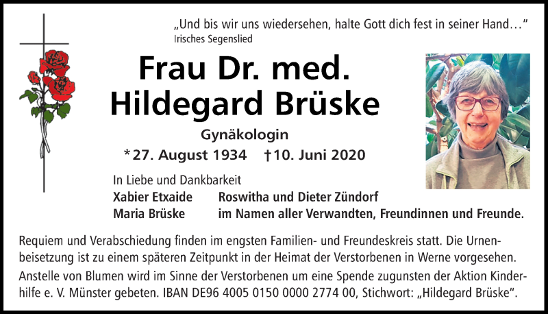  Traueranzeige für Hildegard Brüske vom 13.06.2020 aus Mittelbayerische Zeitung Regensburg