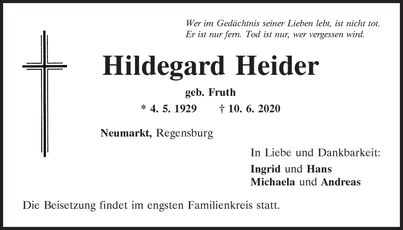  Traueranzeige für Hildegard Heider vom 20.06.2020 aus Neumarkter Tagblatt