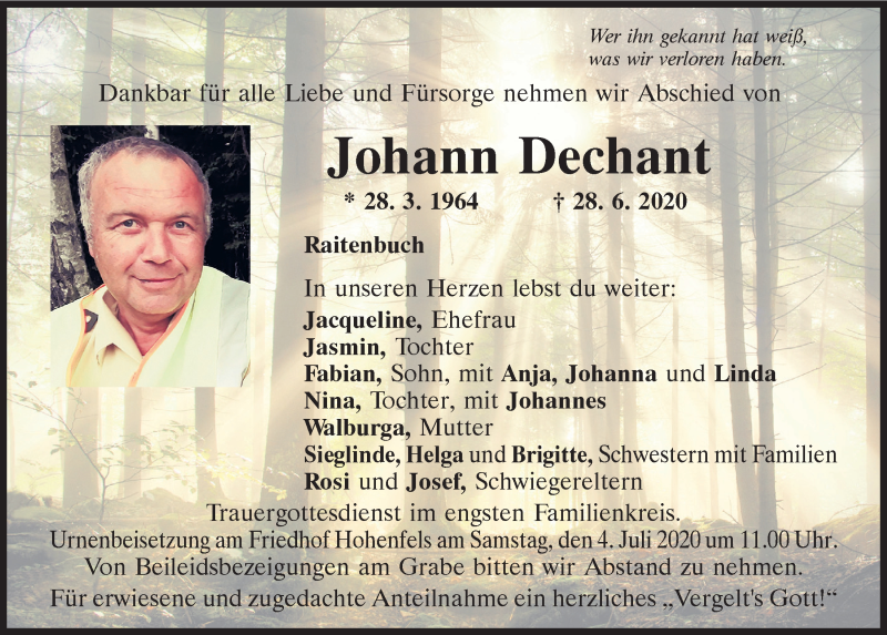  Traueranzeige für Johann Dechant vom 01.07.2020 aus Neumarkter Tagblatt