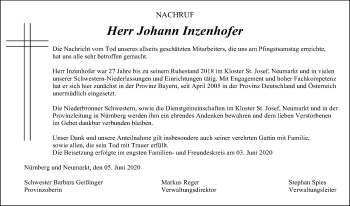 Traueranzeige von Johann Inzenhofer von Neumarkter Tagblatt