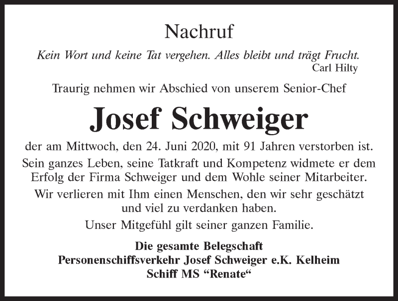  Traueranzeige für Josef Schweiger vom 29.06.2020 aus Mittelbayerische Zeitung Kelheim