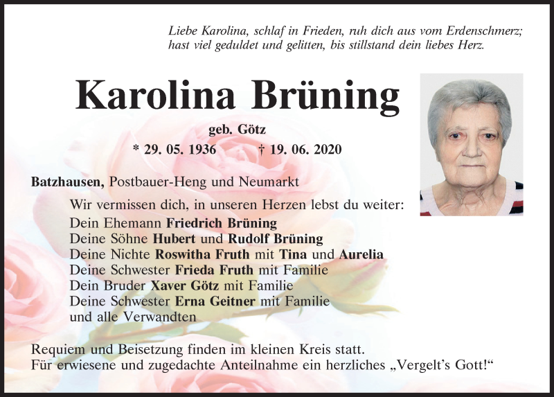 Traueranzeige für Karolina Brüning vom 27.06.2020 aus Neumarkter Tagblatt