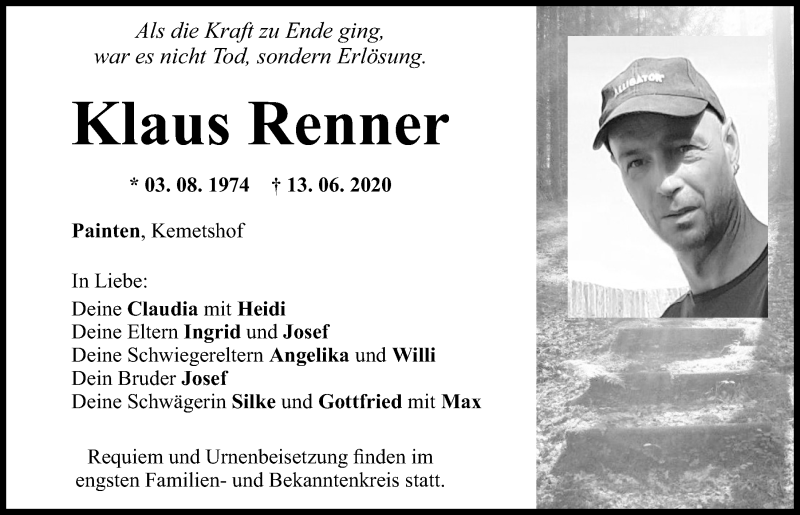  Traueranzeige für Klaus Renner vom 19.06.2020 aus Mittelbayerische Zeitung Kelheim
