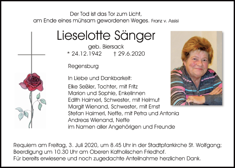  Traueranzeige für Lieselotte Sänger vom 01.07.2020 aus Mittelbayerische Zeitung Regensburg