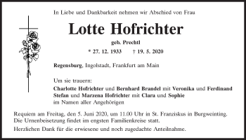 Traueranzeige von Lotte Hofrichter von Mittelbayerische Zeitung Regensburg