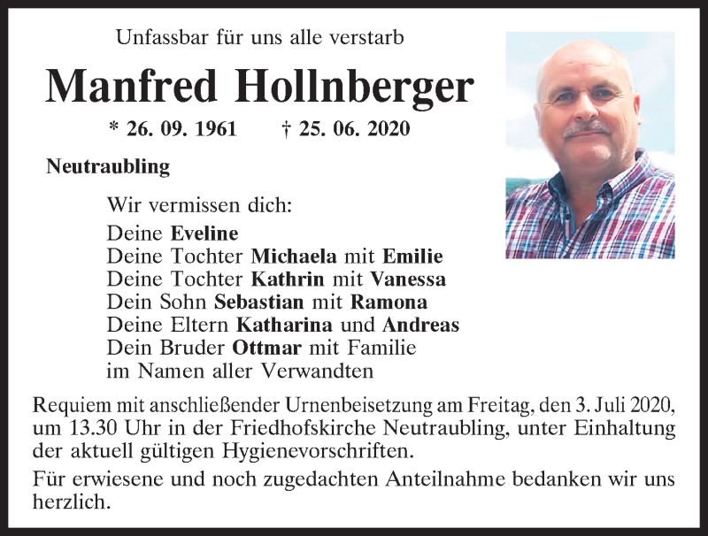  Traueranzeige für Manfred Hollnberger vom 01.07.2020 aus Mittelbayerische Zeitung Regensburg