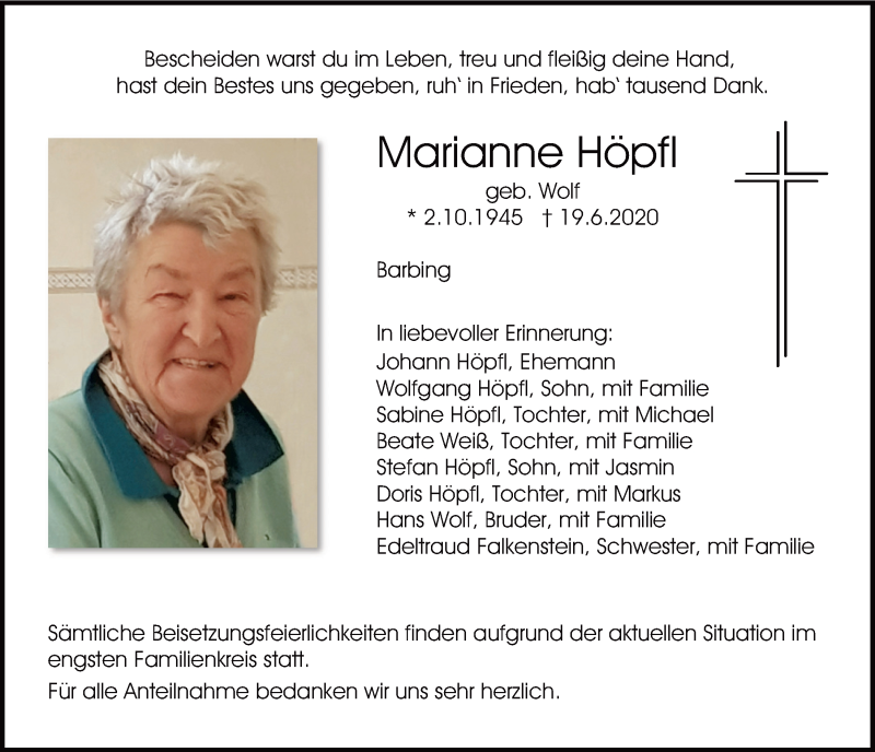  Traueranzeige für Marianne Höpfl vom 22.06.2020 aus Mittelbayerische Zeitung Regensburg
