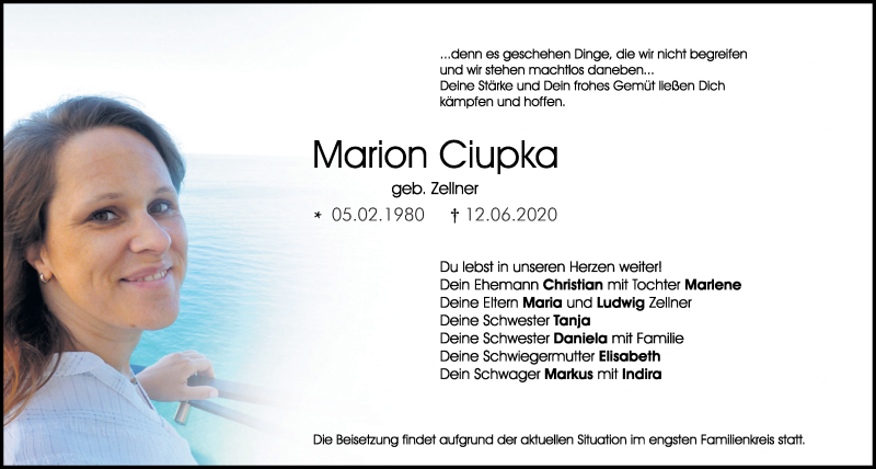  Traueranzeige für Marion Ciupka vom 20.06.2020 aus Mittelbayerische Zeitung Kelheim