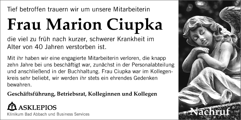  Traueranzeige für Marion Ciupka vom 23.06.2020 aus Mittelbayerische Zeitung Kelheim