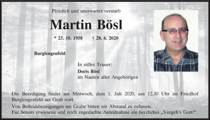  Traueranzeige für Martin Bösl vom 30.06.2020 aus Mittelbayerische Zeitung Schwandorf