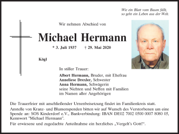 Traueranzeige von Michael Hermann von Mittelbayerische Zeitung Schwandorf