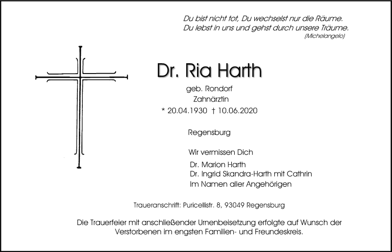  Traueranzeige für Ria Harth vom 27.06.2020 aus Mittelbayerische Zeitung Regensburg