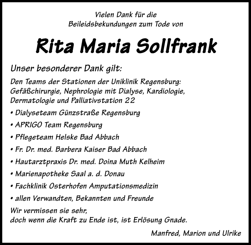  Traueranzeige für Rita Maria Sollfrank vom 13.06.2020 aus Mittelbayerische Zeitung Regensburg
