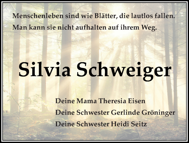  Traueranzeige für Silvia Schweiger vom 12.06.2020 aus Mittelbayerische Zeitung Schwandorf