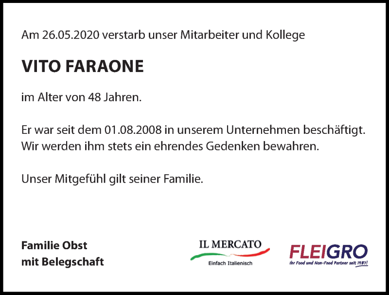  Traueranzeige für Vito Faraone vom 20.06.2020 aus Mittelbayerische Zeitung Regensburg