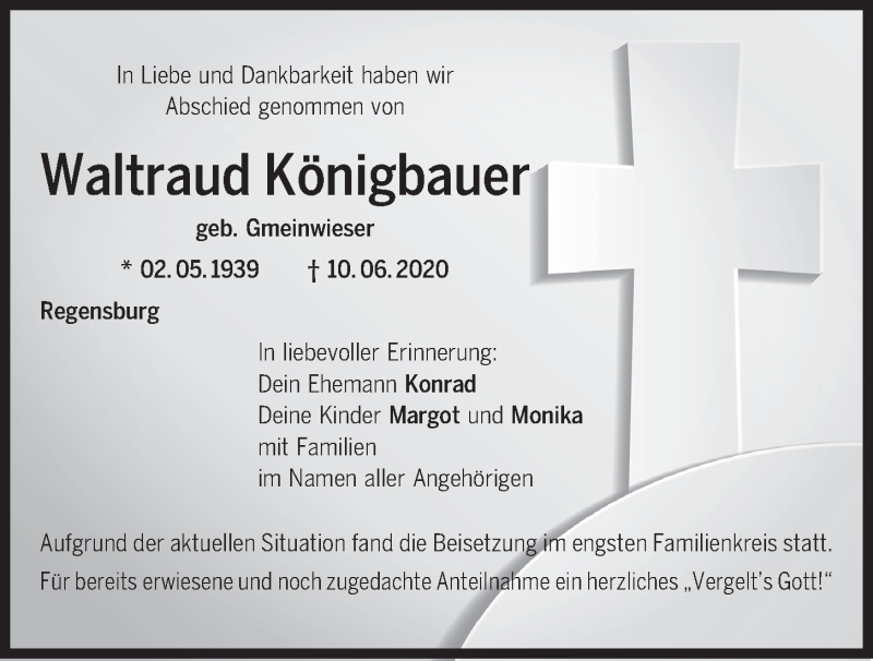  Traueranzeige für Waltraud Königbauer vom 20.06.2020 aus Mittelbayerische Zeitung Regensburg