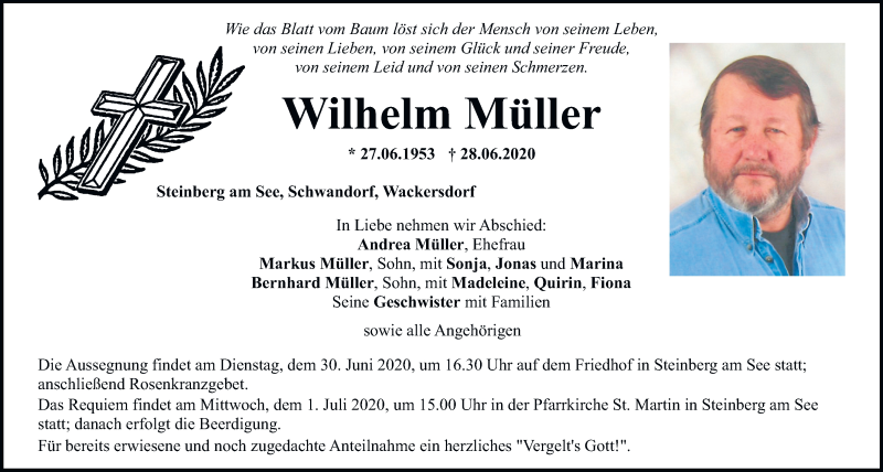  Traueranzeige für Wilhelm Müller vom 29.06.2020 aus Mittelbayerische Zeitung Schwandorf