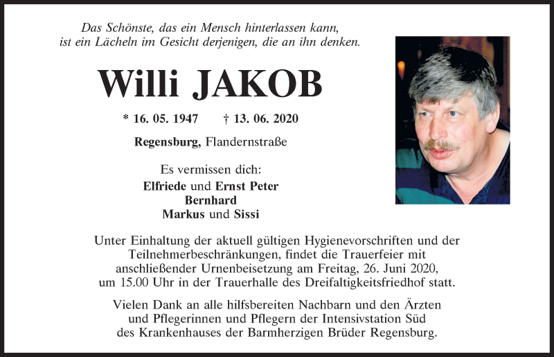  Traueranzeige für Willi Jakob vom 20.06.2020 aus Mittelbayerische Zeitung Regensburg