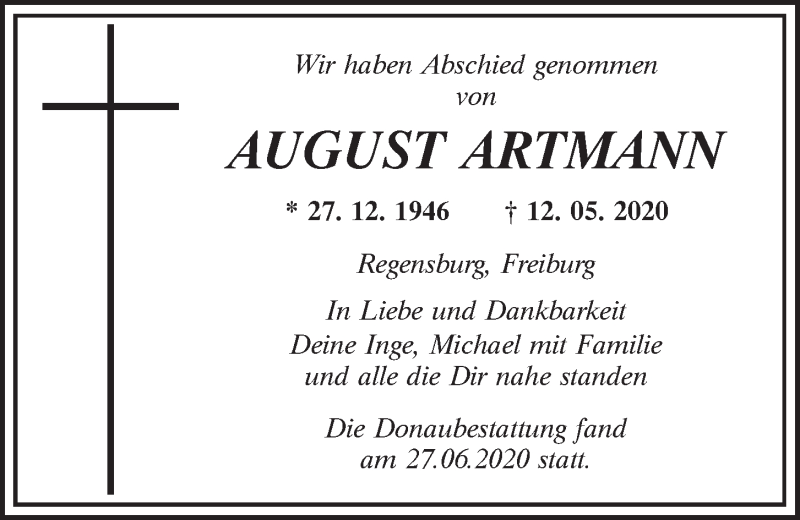  Traueranzeige für August Artmann vom 17.07.2020 aus Mittelbayerische Zeitung Regensburg