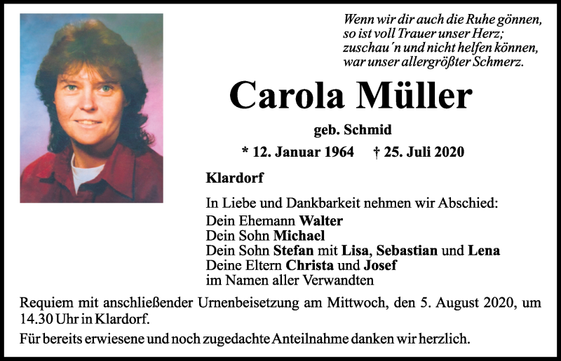  Traueranzeige für Carola Müller vom 30.07.2020 aus Mittelbayerische Zeitung Schwandorf