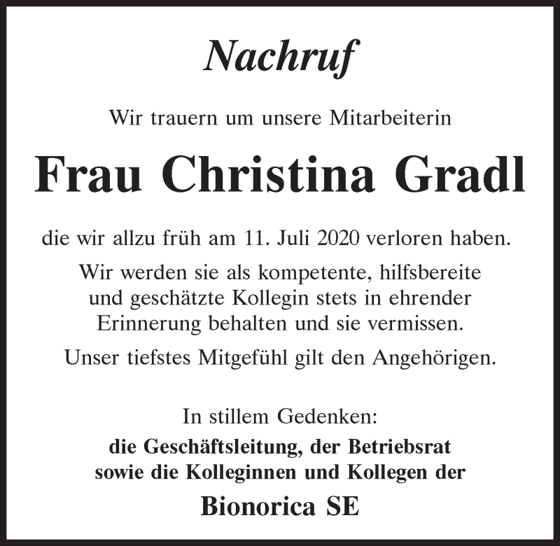  Traueranzeige für Christina Gradl vom 01.08.2020 aus Neumarkter Tagblatt