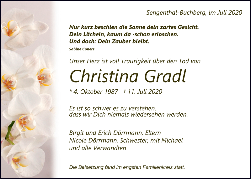  Traueranzeige für Christina Gradl vom 30.07.2020 aus Neumarkter Tagblatt