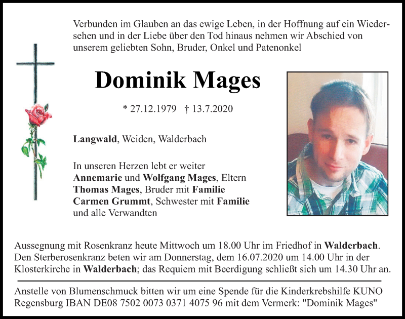  Traueranzeige für Dominik Mages vom 15.07.2020 aus Bayerwald Echo
