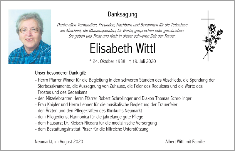  Traueranzeige für Elisabeth Wittl vom 01.08.2020 aus Neumarkter Tagblatt
