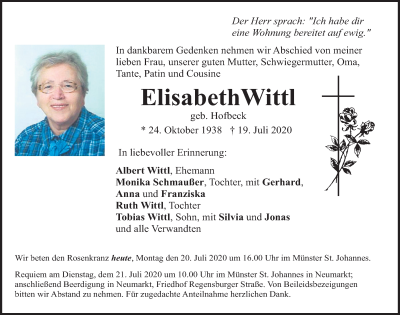  Traueranzeige für Elisabeth Wittl vom 20.07.2020 aus Neumarkter Tagblatt
