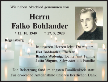 Traueranzeige von Falko Bohlander von Mittelbayerische Zeitung Regensburg