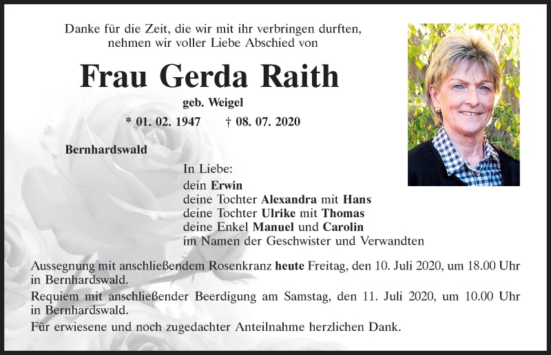  Traueranzeige für Gerda Raith vom 10.07.2020 aus Mittelbayerische Zeitung Regensburg