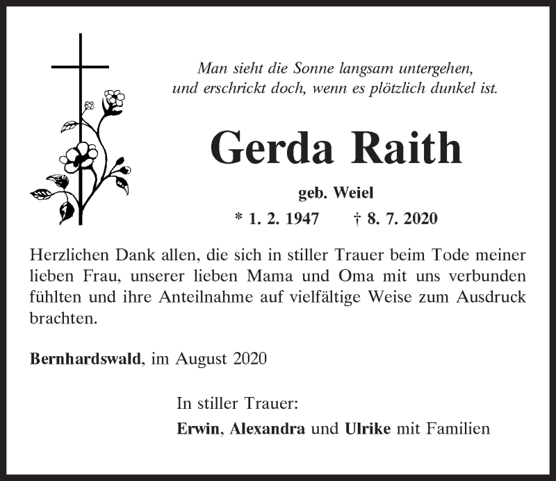  Traueranzeige für Gerda Raith vom 01.08.2020 aus Mittelbayerische Zeitung Regensburg