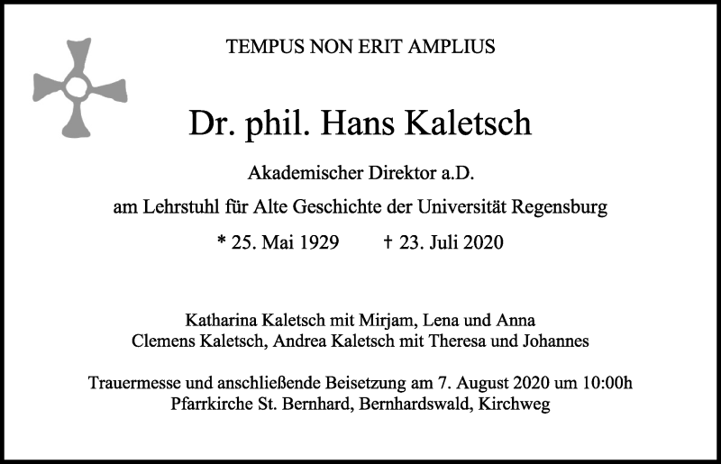  Traueranzeige für Hans Kaletsch vom 01.08.2020 aus Mittelbayerische Zeitung Regensburg