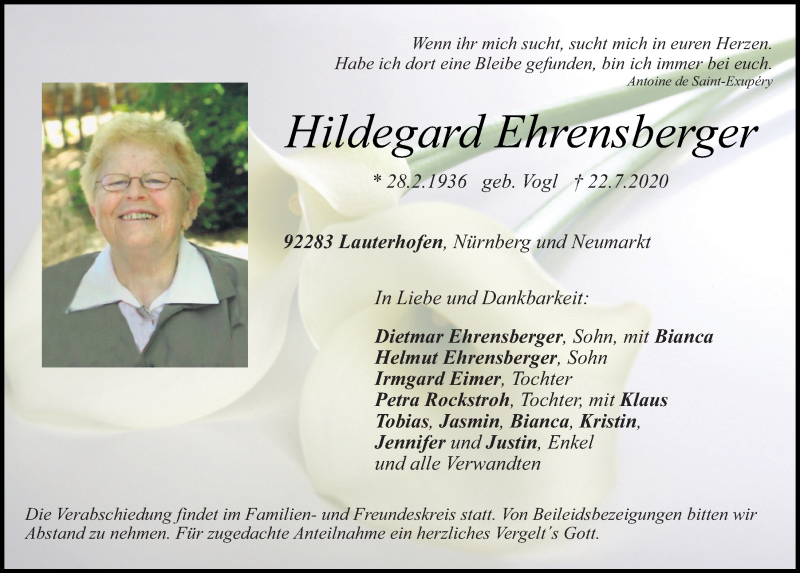  Traueranzeige für Hildegard Ehrensberger vom 24.07.2020 aus Neumarkter Tagblatt