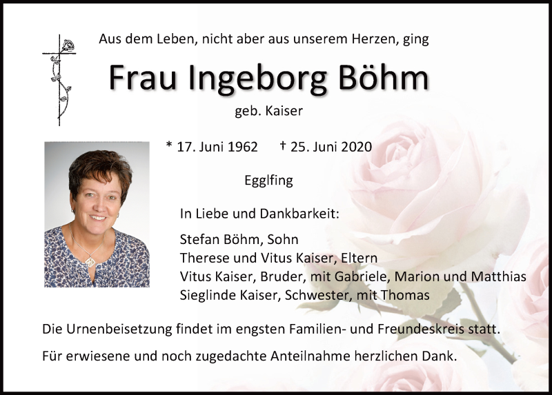  Traueranzeige für Ingeborg Böhm vom 04.07.2020 aus Mittelbayerische Zeitung Regensburg