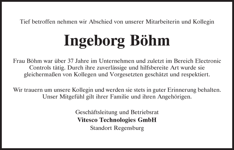  Traueranzeige für Ingeborg Böhm vom 06.07.2020 aus Mittelbayerische Zeitung Regensburg