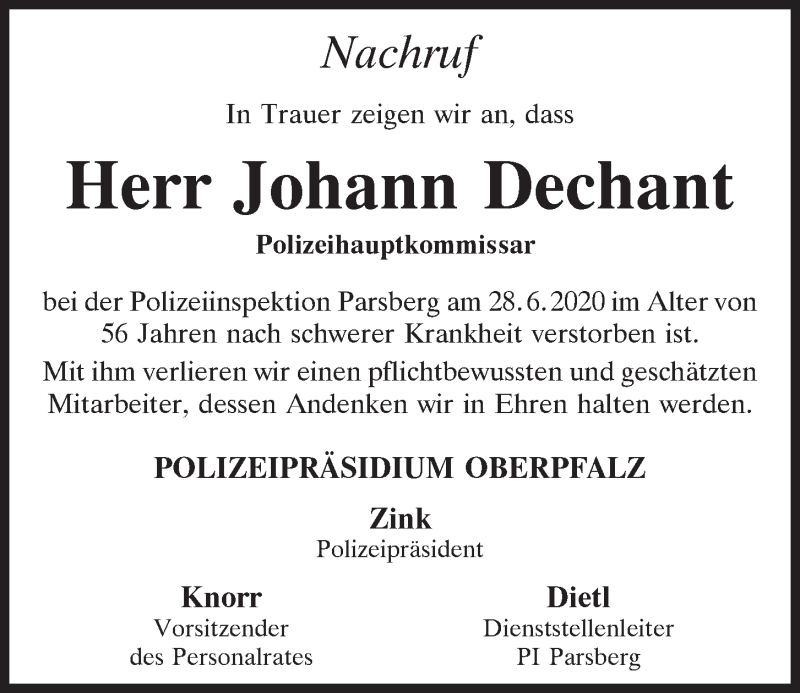  Traueranzeige für Johann Dechant vom 03.07.2020 aus Neumarkter Tagblatt