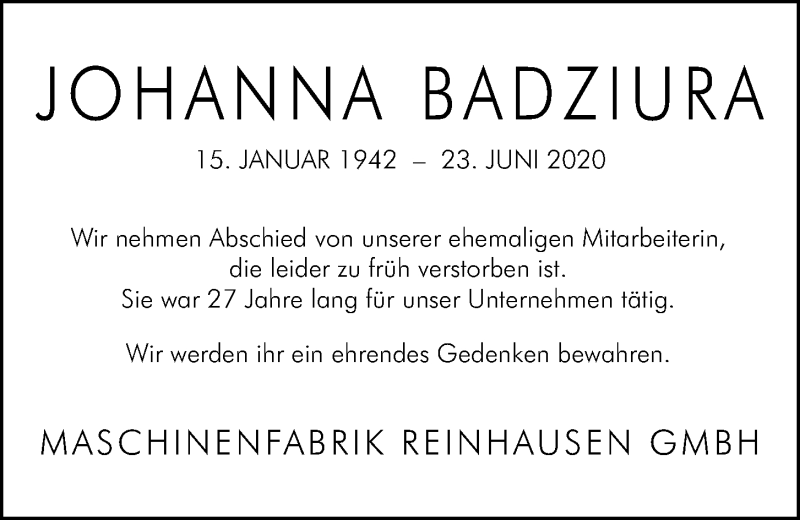  Traueranzeige für Johanna Badzirura vom 03.07.2020 aus Mittelbayerische Zeitung Regensburg