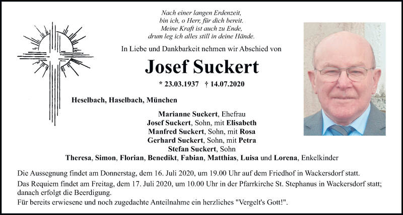  Traueranzeige für Josef Suckert vom 15.07.2020 aus Mittelbayerische Zeitung Schwandorf