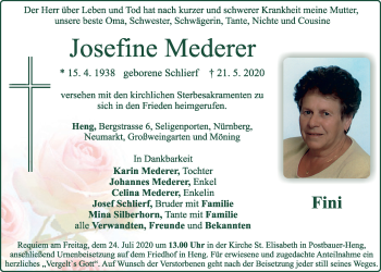 Traueranzeige von Josefine Mederer von Neumarkter Tagblatt