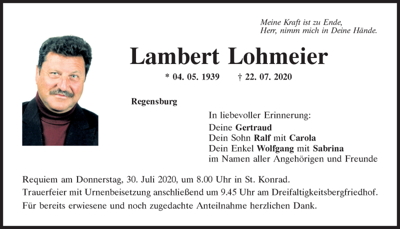  Traueranzeige für Lambert Lohmeier vom 25.07.2020 aus Mittelbayerische Zeitung Regensburg
